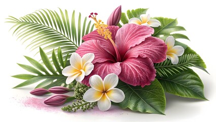 Pink hibiscus and white plumeria flowers with tropical leaves