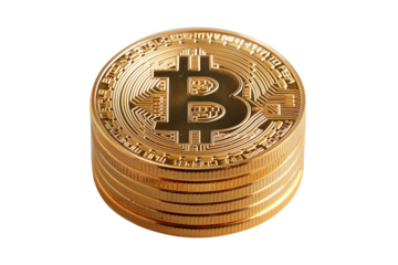 Bitcoin cryptocurrency gold coins in a stack, png file cut out and isolated on a transparent background, business  crypto finance stock illustration image