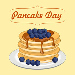 Pancake day. Pancakes with syrup and berries on a plate. 