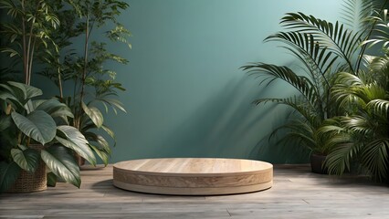 Round wooden display platform with tropical plants and teal background
