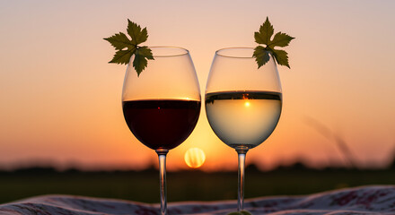 Two wine glasses with leaves at sunset in autumn, fall  