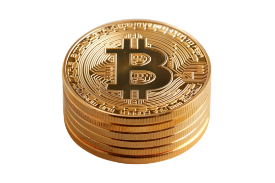 Bitcoin cryptocurrency gold coins in a stack, png file cut out and isolated on a transparent background, business crypto finance stock illustration image