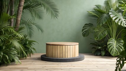 Single wooden display cylinder surrounded by dense tropical foliage