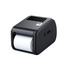Compact, dark gray label printer with paper roll