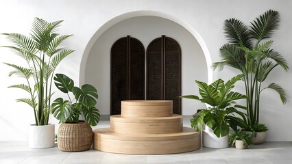 Tiered wooden display podium surrounded by lush tropical plants