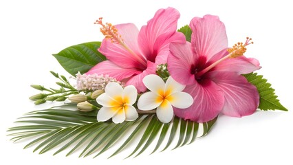 Tropical flower arrangement with pink hibiscus and plumeria