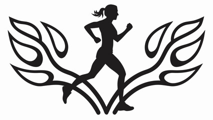 Silhouette of a woman running with flame like shapes on either side in a black and white design