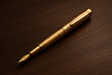 Elegant gold ornate fountain pen resting on a rich dark wood surface, showcasing luxury writing instruments