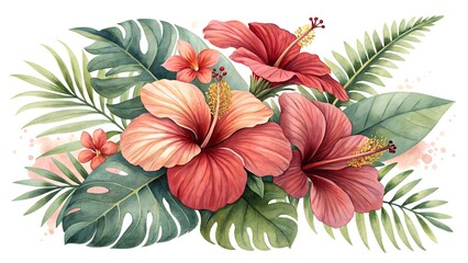 Watercolor hibiscus flowers and tropical leaves arrangement