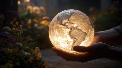 Hands Holding Illuminated Pixelated Globe In Garden Setting