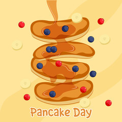 Pancake day. Pancakes with syrup and fruit. 