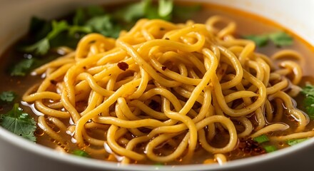 A close up bowl of appetizing noodles swimming in flavorful, herbaceous broth, ready to eat and
