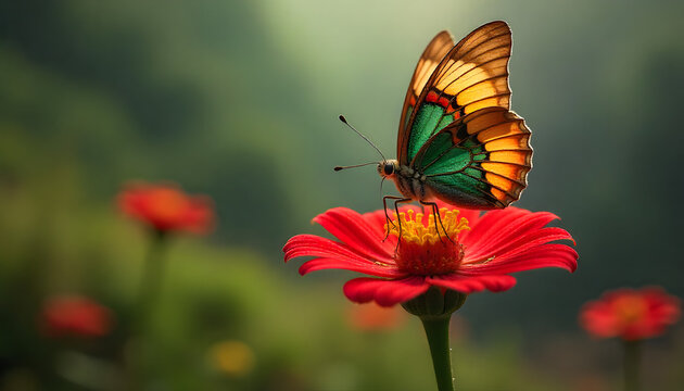 Butterfly on a Red Flower: The vivid detail of a multi-colored butterfly delicately perches on a vibrant red flower, surrounded by an unfocused green backdrop of nature. 