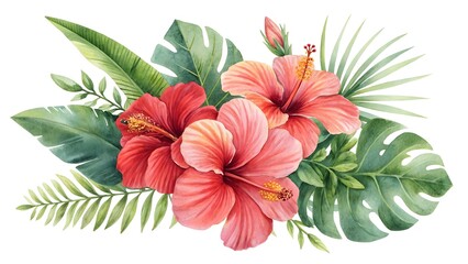 Watercolor Hibiscus Flowers and Tropical Leaves floral