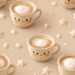 Obraz premium Cute Coffee Cups with Smiling Faces Surrounded by Star Candies - A whimsical coffee break.