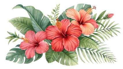 Watercolor tropical hibiscus flower arrangement with palm leaves