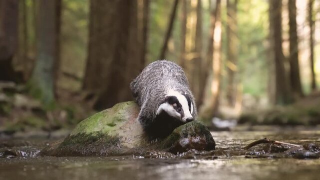 European badger in the forest. Small animal is sitting on a rock in a stream.