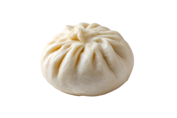 Single, round, light-colored steamed bun, slightly puffed, with a soft, puckered top