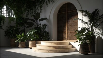Wooden display platform with cascading plants and arched opening