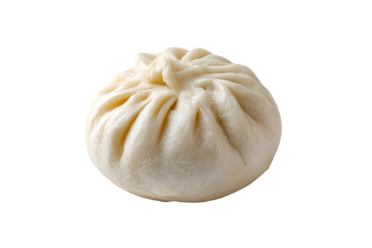 Single, round, light-colored steamed bun, slightly puffed, with a soft, puckered top