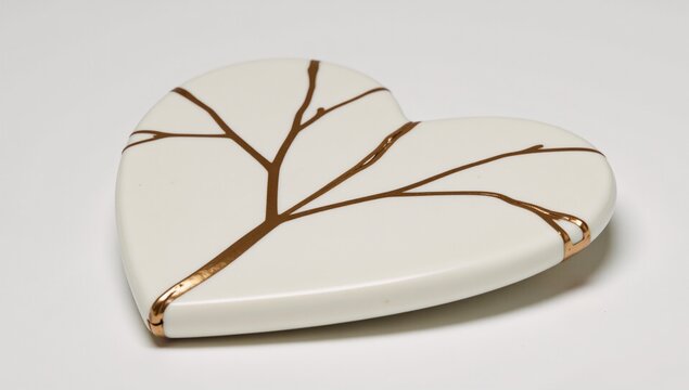 A white porcelain heart adorned with golden cracks as a symbol of kintsugi repair and recycling imperfections