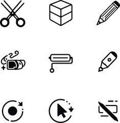 Creative Tool Icon Set – Scissors, Pencil, Paint Roller, Magic Wand, Cube, Cursor, Refresh, and No Display