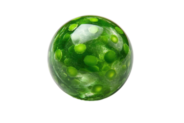 A vibrant green sphere, translucent with speckled dots