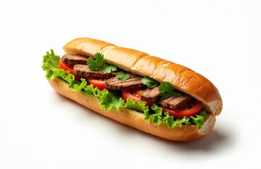 Savory Vietnamese Bahn Mi sandwich with fresh ingredients. Featuring sliced beef, crisp lettuce, ripe tomatoes, cilantro nestled in golden. Isolated on clean, white background, perfect for food