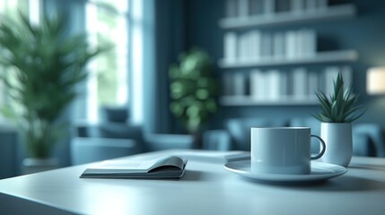 Interior scene Open book, coffee cup, and plant on a table in a dimly lit room