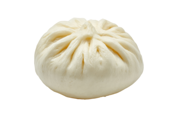 Single round bao, light beige color, a soft, slightly puffy steamed bun with pleats on top