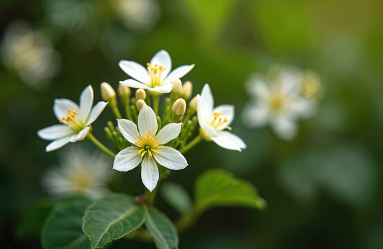 Closeup of white Justicia adhatoda blossoms, also known as malabar nut, in spring. Green leaves, buds frame delicate flowers with yellow stamens. Selective focus on petals against soft green blurred
