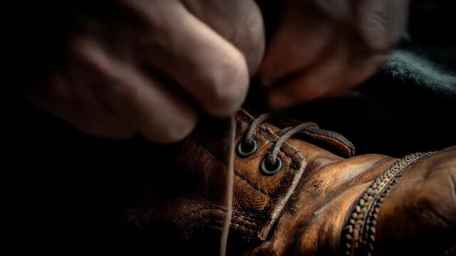 Close-up of aging hands tying a leather work boot.