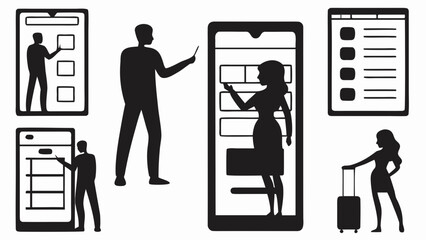 Silhouettes of people interacting with digital interfaces such as tablets and mobile phones with lists shown