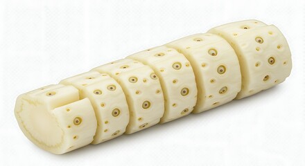 Sliced lotus root arranged in a row on a white surface showing the circular pattern of the vegetable ai generative