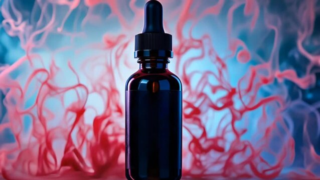 A black dropper bottle stands prominently as swirling red and blue smoke patterns intensify dynamically around it