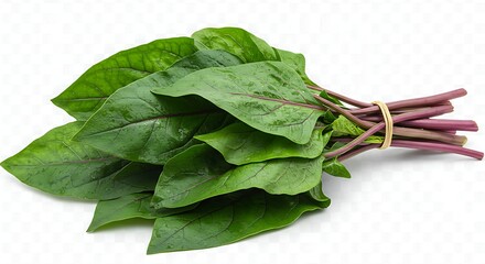 A bunch of malabar spinach with green leaves and red stems tied with a rubber band on white background ai generative