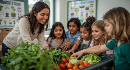 Fototapeta premium A teacher and a group of children looking at fresh vegetables in a container in a classroom setting