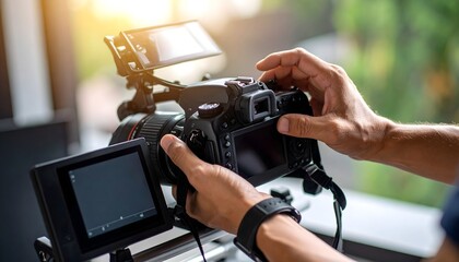 Close-up of a person's hands operating and adjusting a professional video camera with an external monitor, illuminated by natural light.