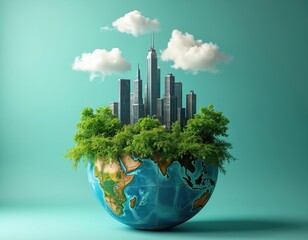 Conceptual image of miniature Earth globe showing city skyscrapers, green trees. Urban growth, sustainability, nature balance. Represents eco-friendly living, modern architecture, environmental