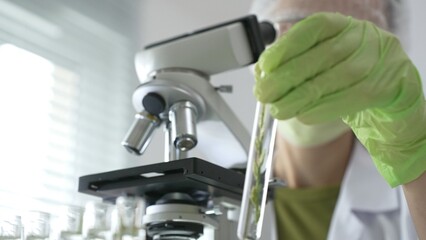 Scientist wearing green gloves and a face mask selecting a test tube with transparent liquid from a rack near a microscope in a lab. Medicine, healthcare and science concept