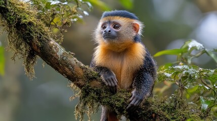 Fototapeta premium Jungle monkey, orange-tan, black, small, perched