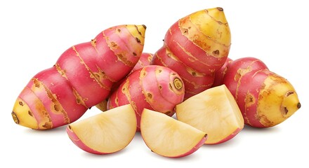 A group of oca tubers with red and yellow skin and some sliced oca pieces on a white background close up ai generative
