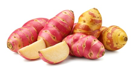 A group of oca tubers with pink and yellow skin and sliced pieces on a white surface background ai generative