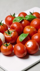 Ok Detailed close-up of fresh tomatoes basil and mozzarella on a rustic white board