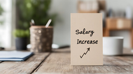Salary increase announcement on a desk. Work motivation and compensation strategies. Financial growth & benefits concept in business environment