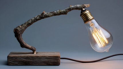 Rustic wooden lamp with branch arm and glowing bulb