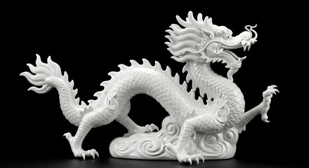 Fototapeta premium White Porcelain Chinese Dragon Sculpture on Black Background – Elegant Mythical Artwork