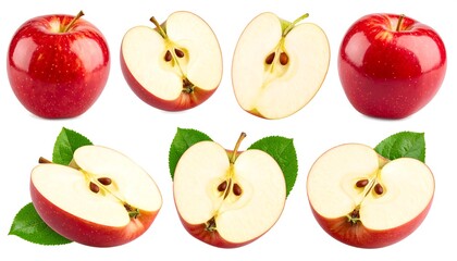 Red apples, whole and sliced, with leaves