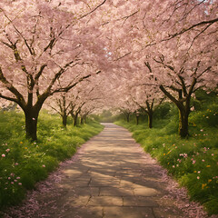 Fototapeta premium Stunning cherry blossom tunnel walk beckons for tranquil spring journey and peaceful exploration