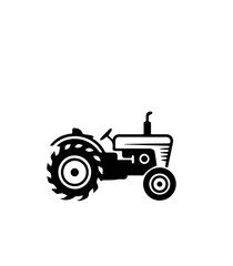 A black and white line art illustration of a vintage tractor with a circular design. The tractor's body is depicted with clean lines, showcasing its round shape and subtle details of the wheels and en